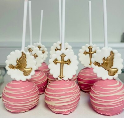 Confirmation pink cake pops