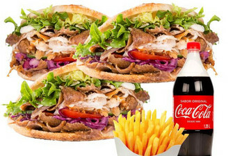 3 Kebab con patatas y refresco de 1.25L