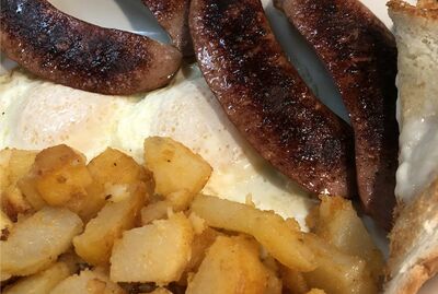 Eggs Any Style with Corned Beef Hash, Kielbasa, or Greek Locanico