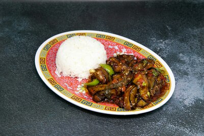 Sautéed Potatoes, Augerbine & Green Peppers in Soy Sauce 地三鲜饭