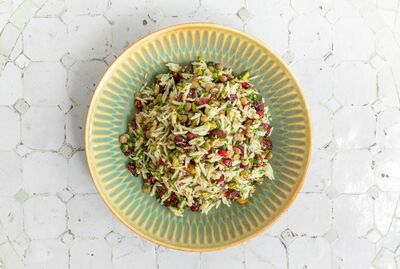 Persian Rice Salad, basmatic rice, lentils, pistachios, mint, parsley, pomegranate, cranberries