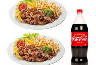 2 Platos de kebab con patatas y refresco de 1.25L y pan de pita