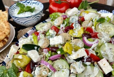 Greek Salad with Feta Cheese and Tzatziki / Ensalada Griega con Queso Feta y Tzatziki