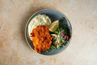 Salmon schnitzel mash